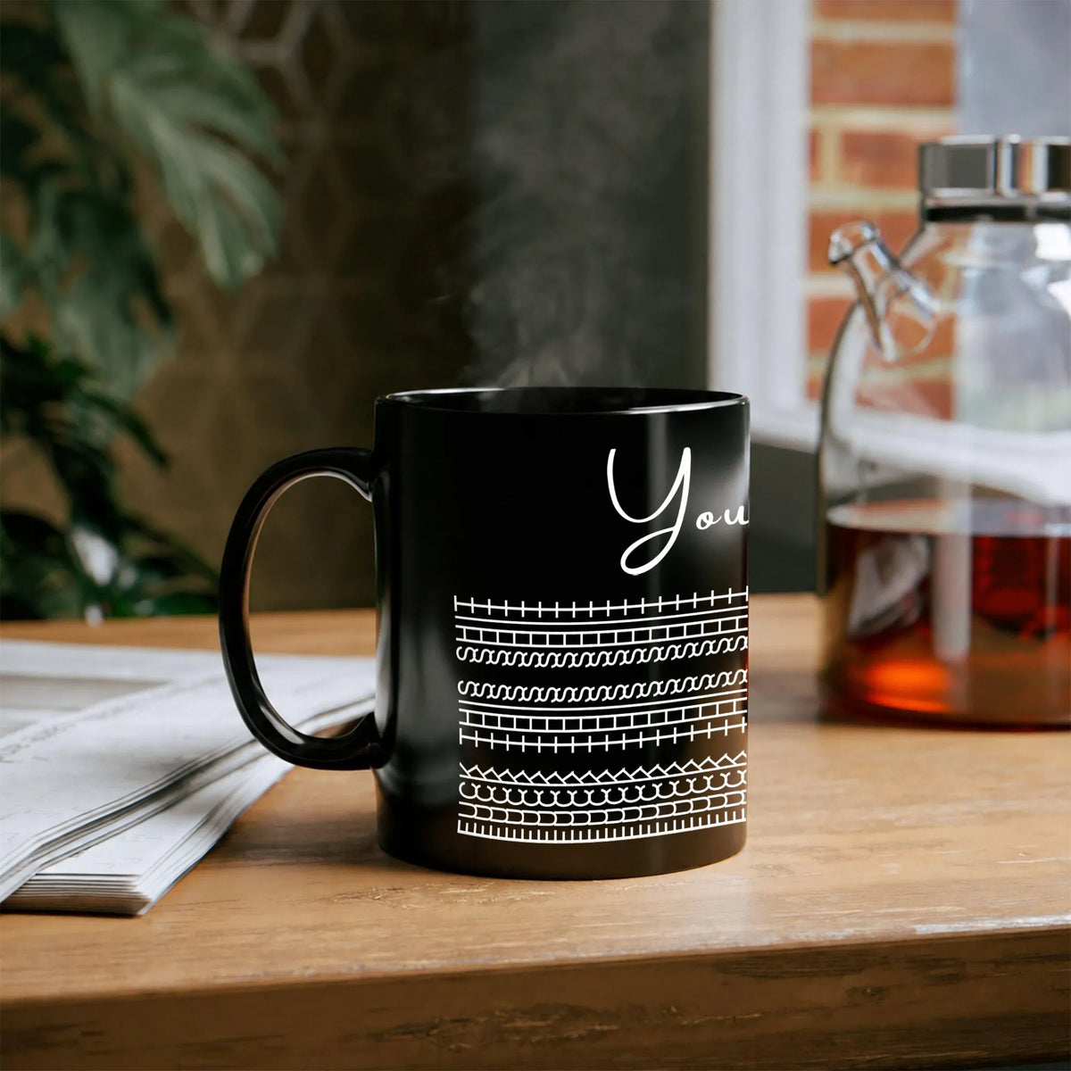 Elegant Christmas Script Coffee Mug, Comfy Holiday Sweater Pattern Mug, Winter Faux Knit Design Tea Cup, Holiday Ceramic Mug