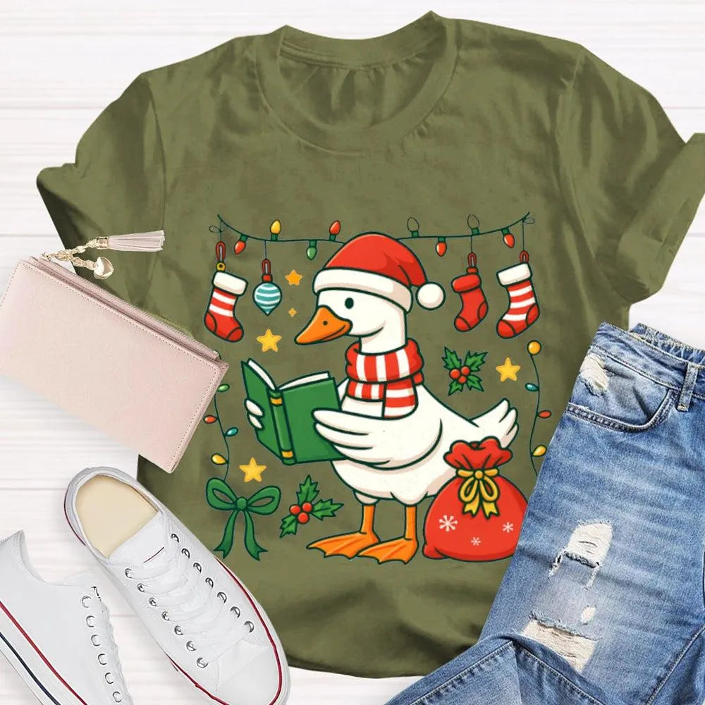 Humorous Holiday Bookworm Goose Shirt, Christmas Goose Reading Book T-Shirt, Adorable Winter Reading Tee, Book Lover Christma