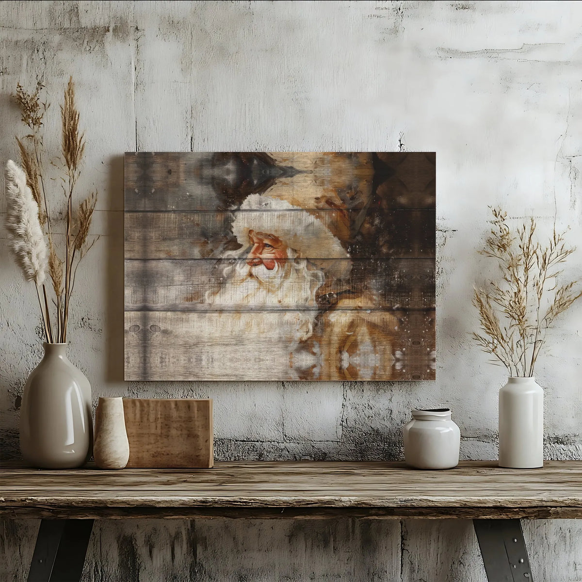 Vintage Wood Grain Holiday Canvas Art, Rustic Santa Claus Canvas, Christmas Farmhouse Canvas Print, Winter Wall Decor, Xmas H