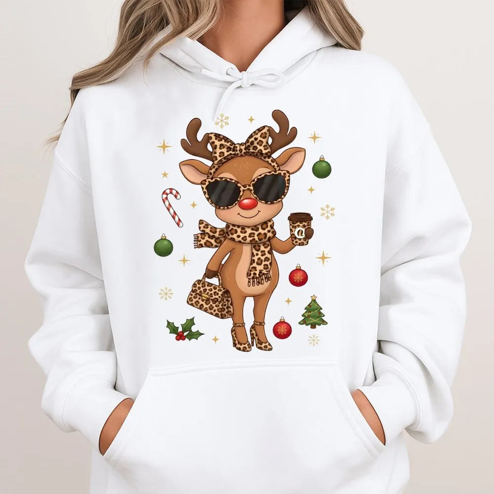 Leopard Print Christmas Hoodie, Boujee Reindeer Hoodie, Adorable Holiday Reindeer Hoodie, Festive Winter Sweatshirt, Xmas Pre