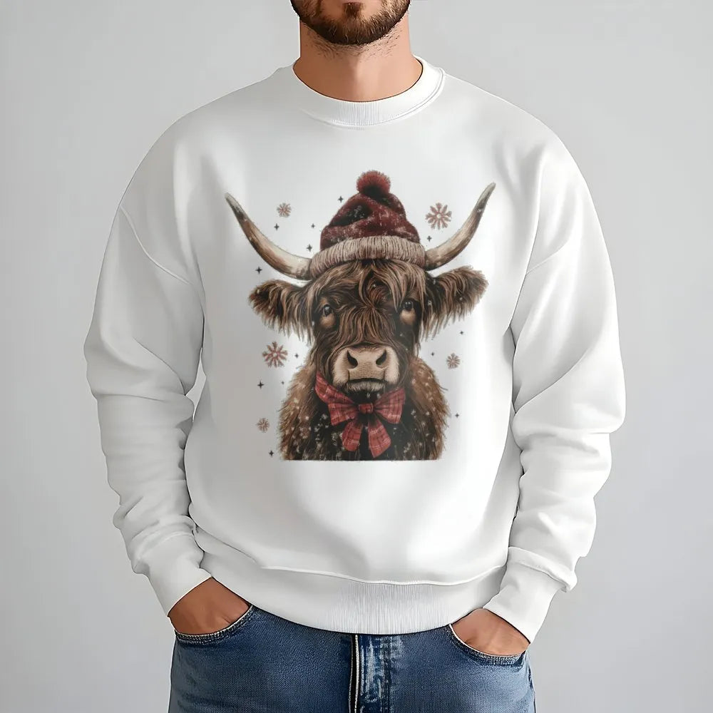 Western Farmhouse Cow Santa Hat Crewneck, Highland Cow Christmas Sweatshirt, Rustic Country Holiday Pullover, Winter Animal S