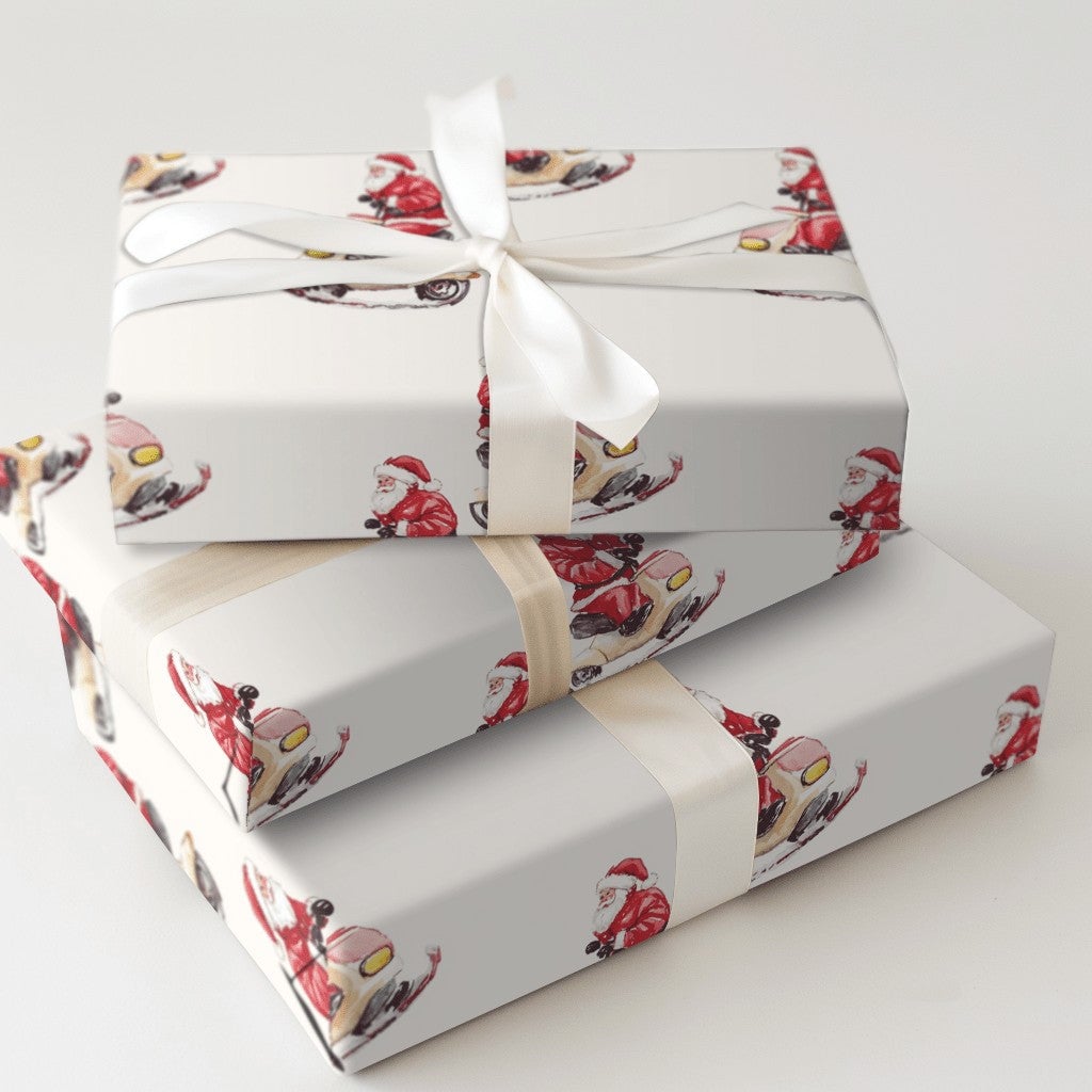 Watercolor Santa Scooter Gift Wrap, Santa Riding Scooter Wrapping Paper, Whimsical Christmas Wrapping Paper, Holiday Present 