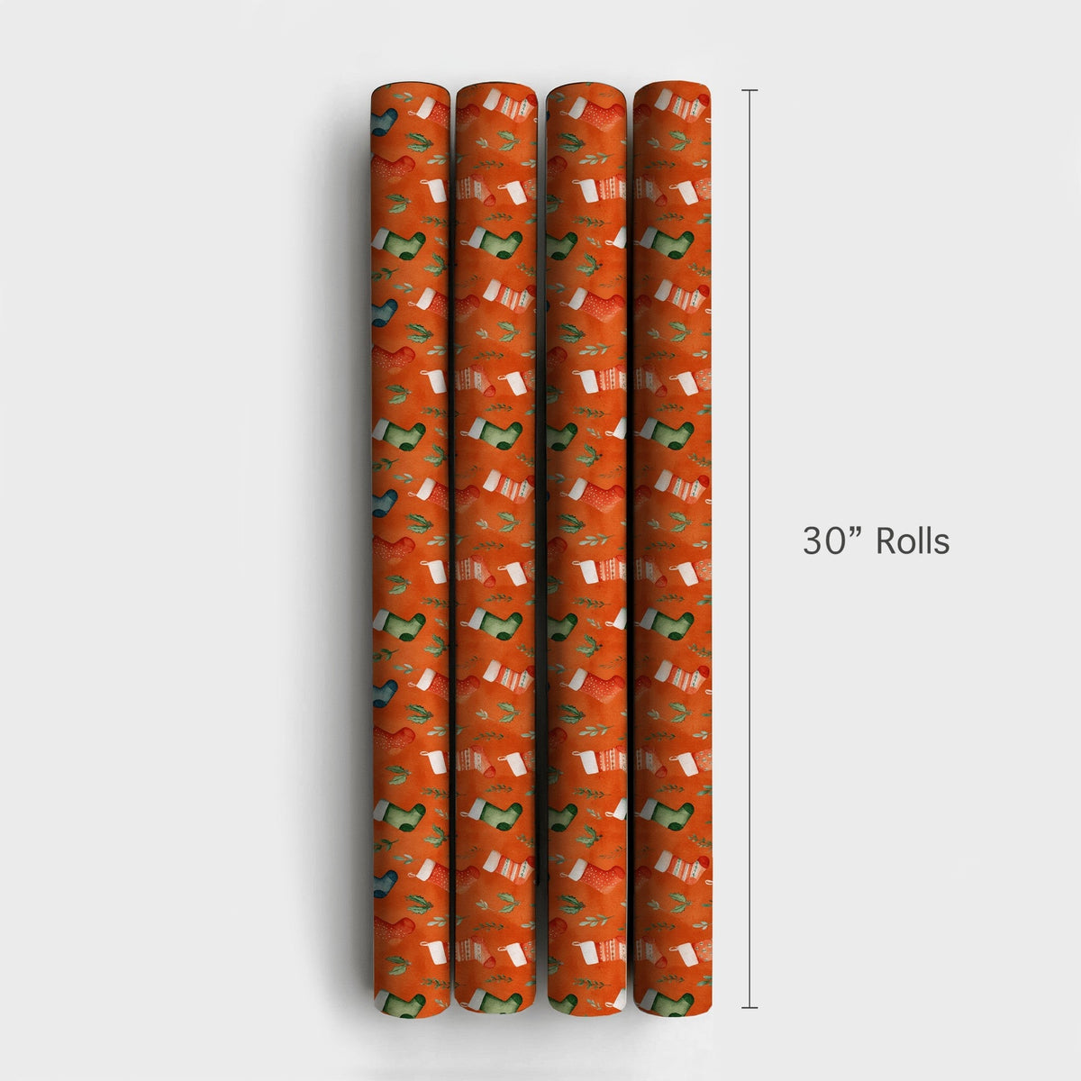 Watercolor Greenery Wrapping Paper, Christmas Stocking Wrapping Paper, Orange Holiday Gift Wrap, Festive Winter Present Wrapp