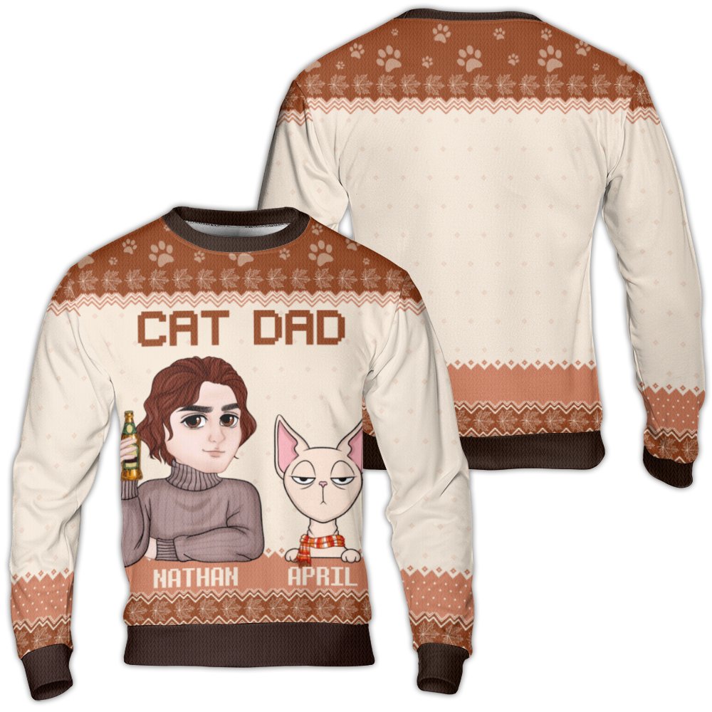 Custom Cartoon Face Christmas Sweater, Personalized Cat Dad Ugly Christmas Sweater, Humorous Pet Holiday Sweater, Cat Lover C