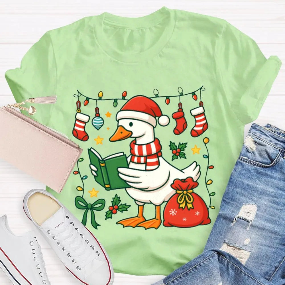 Humorous Holiday Bookworm Goose Shirt, Christmas Goose Reading Book T-Shirt, Adorable Winter Reading Tee, Book Lover Christma