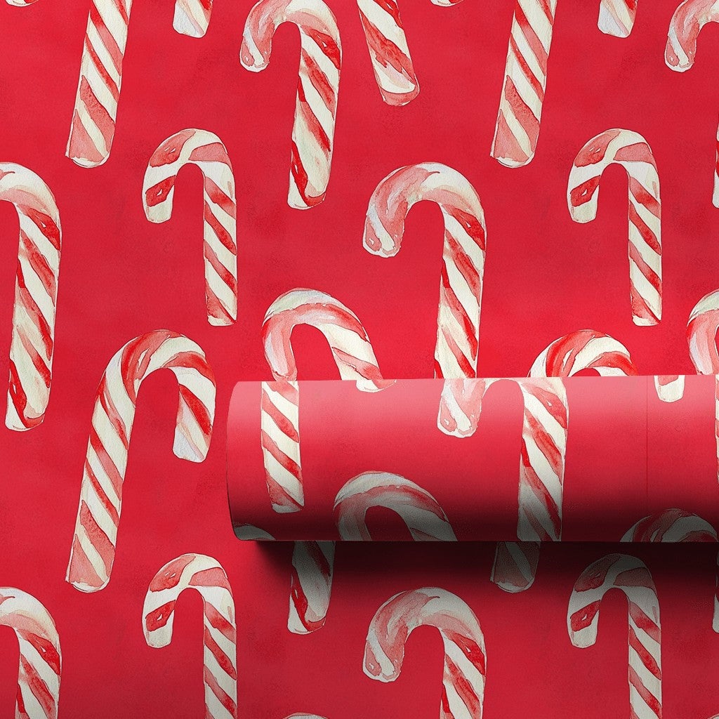 Red Christmas Gift Wrap, Watercolor Candy Cane Wrapping Paper, Festive Holiday Wrapping Paper, Classic Xmas Present Paper Rol