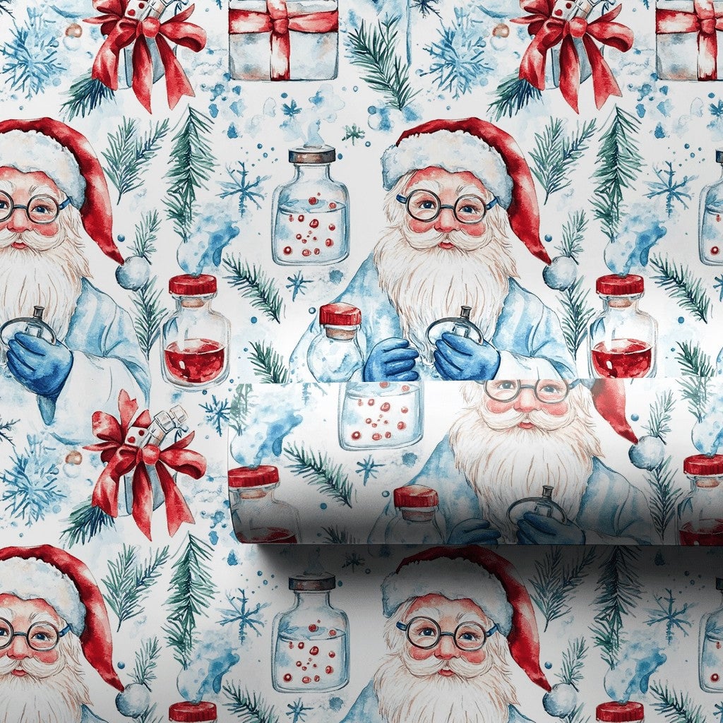 Medical Holiday Gift Wrap, Scientist Santa Wrapping Paper, Lab Coat Santa Christmas Paper, Science Gift Wrap, Doctor Nurse Ho