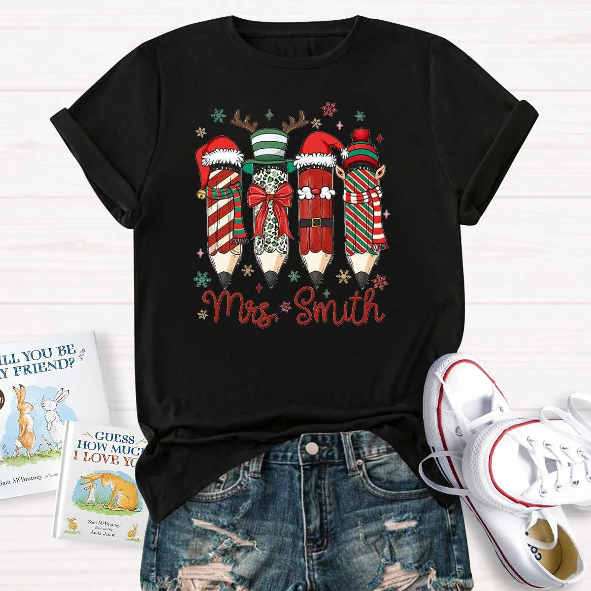 Adorable Pencil Holiday T-Shirt, Personalized Teacher Christmas Shirt, Custom Teacher Tee, Festive School Graphic Shirt, Holi