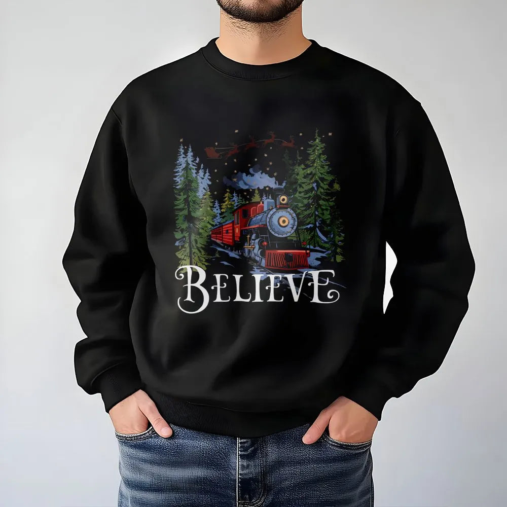 Retro Holiday Graphic Sweater, Believe Christmas Train Sweatshirt, Magical Winter Train Crewneck, Vintage Christmas Sweatshir
