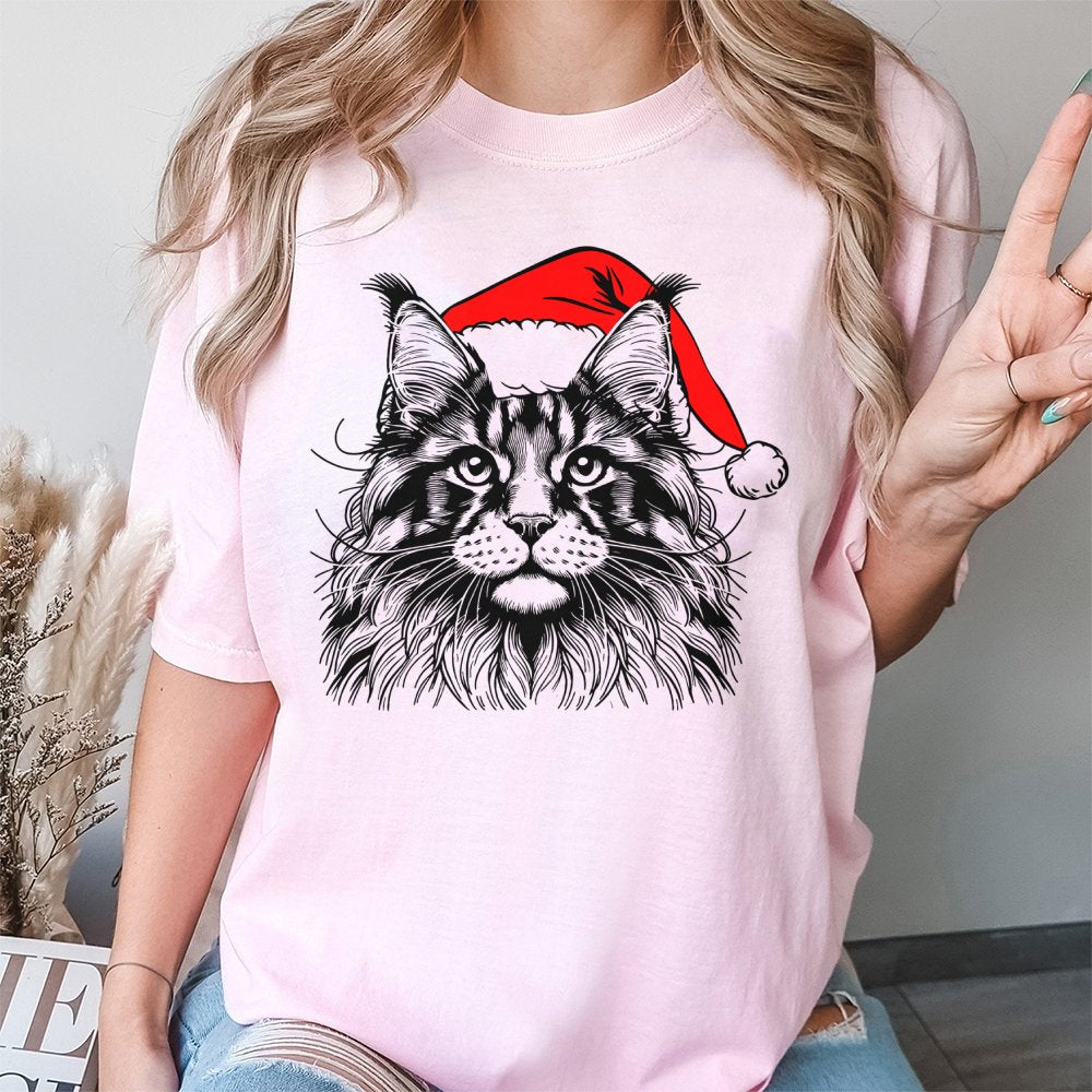 Santa Hat Cat Graphic Tee, Maine Coon Cat Christmas Shirt, Humorous Kitten Holiday T-Shirt, Adorable Pet Lover Xmas Shirt, Ca