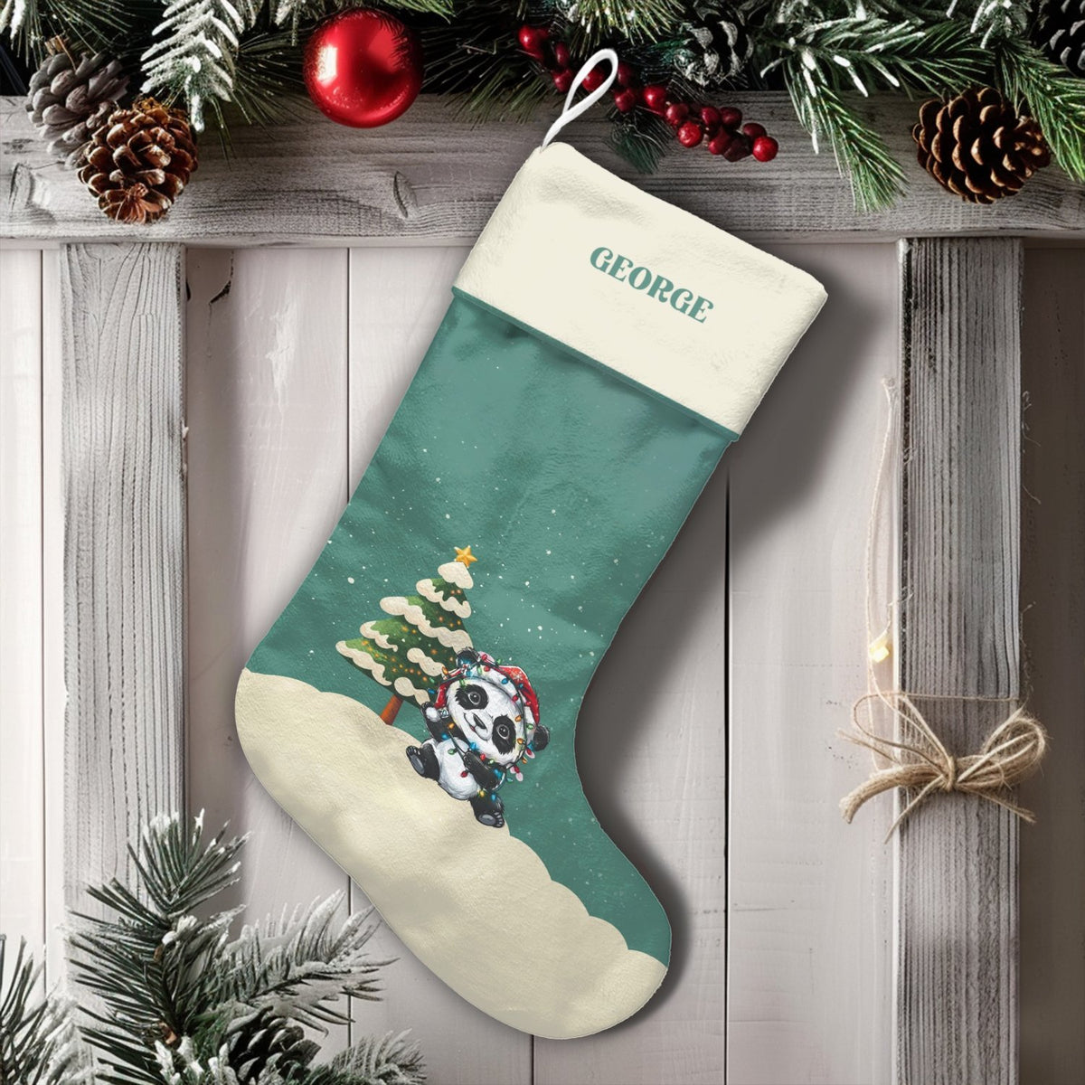 Personalized Panda Stocking, Panda with Christmas Lights Stocking, Adorable Animal Holiday Stocking, Custom Christmas Stockin