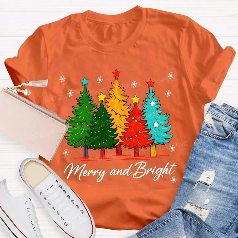 Colorful Holiday Graphic Tee, Merry and Bright Christmas Tree T-Shirt, Festive Xmas Tree Shirt, Retro Christmas Tee, Holiday 