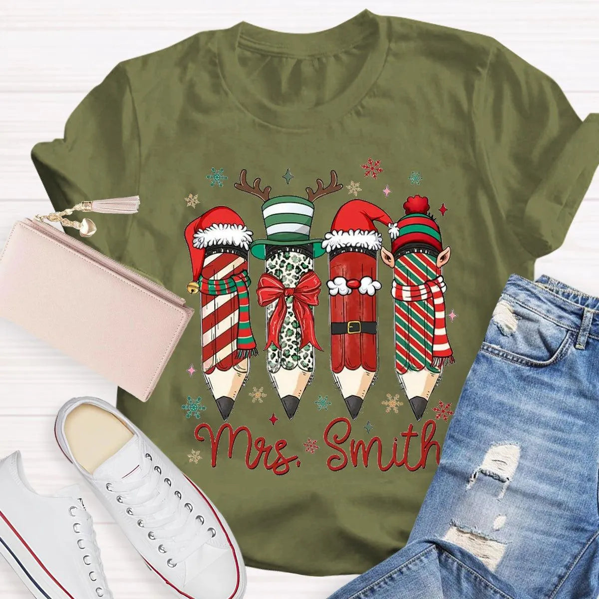 Adorable Pencil Holiday T-Shirt, Personalized Teacher Christmas Shirt, Custom Teacher Tee, Festive School Graphic Shirt, Holi