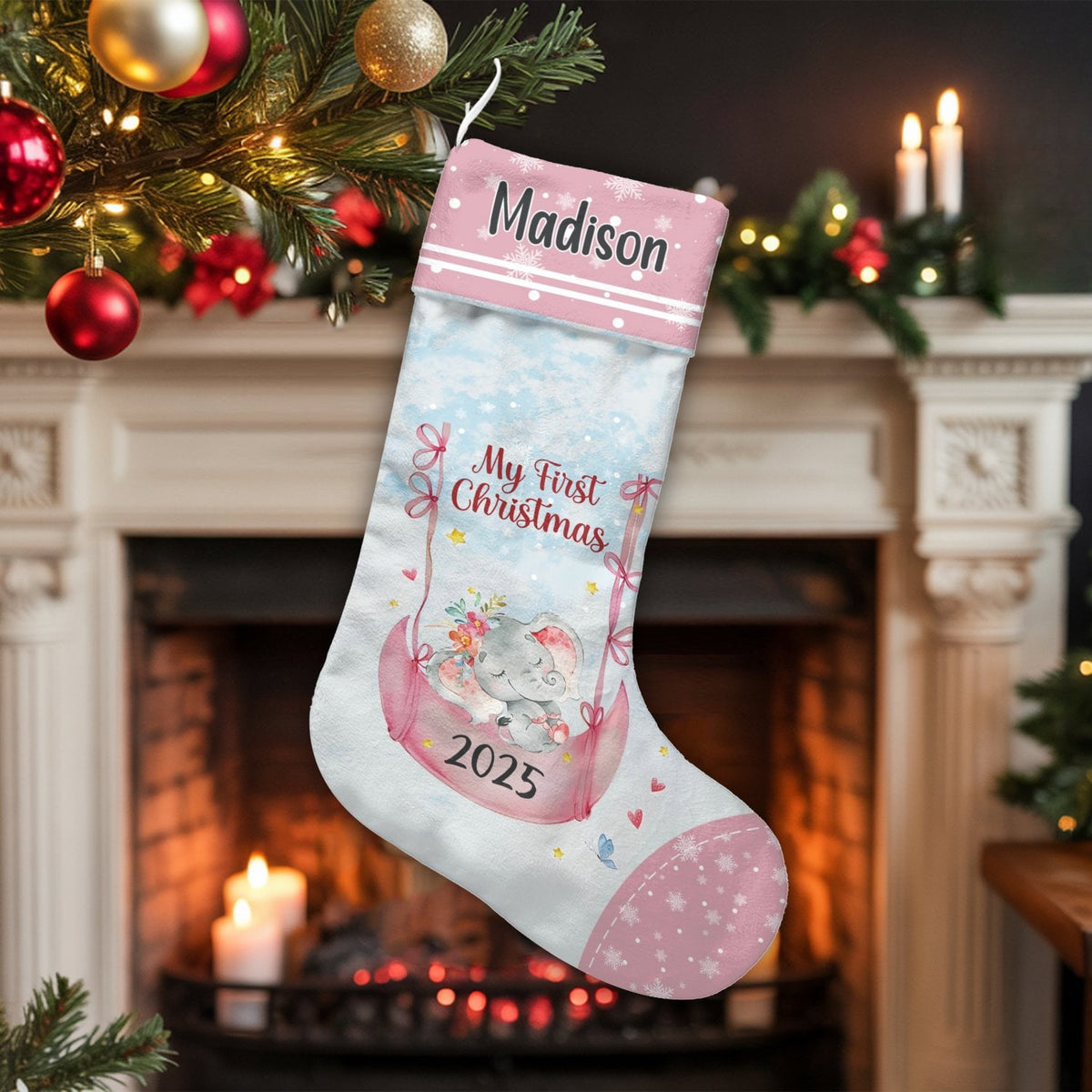 Baby First Christmas 2025 Stocking, Personalized Elephant Christmas Stocking, Custom Name Holiday Stocking, Adorable Baby Sho