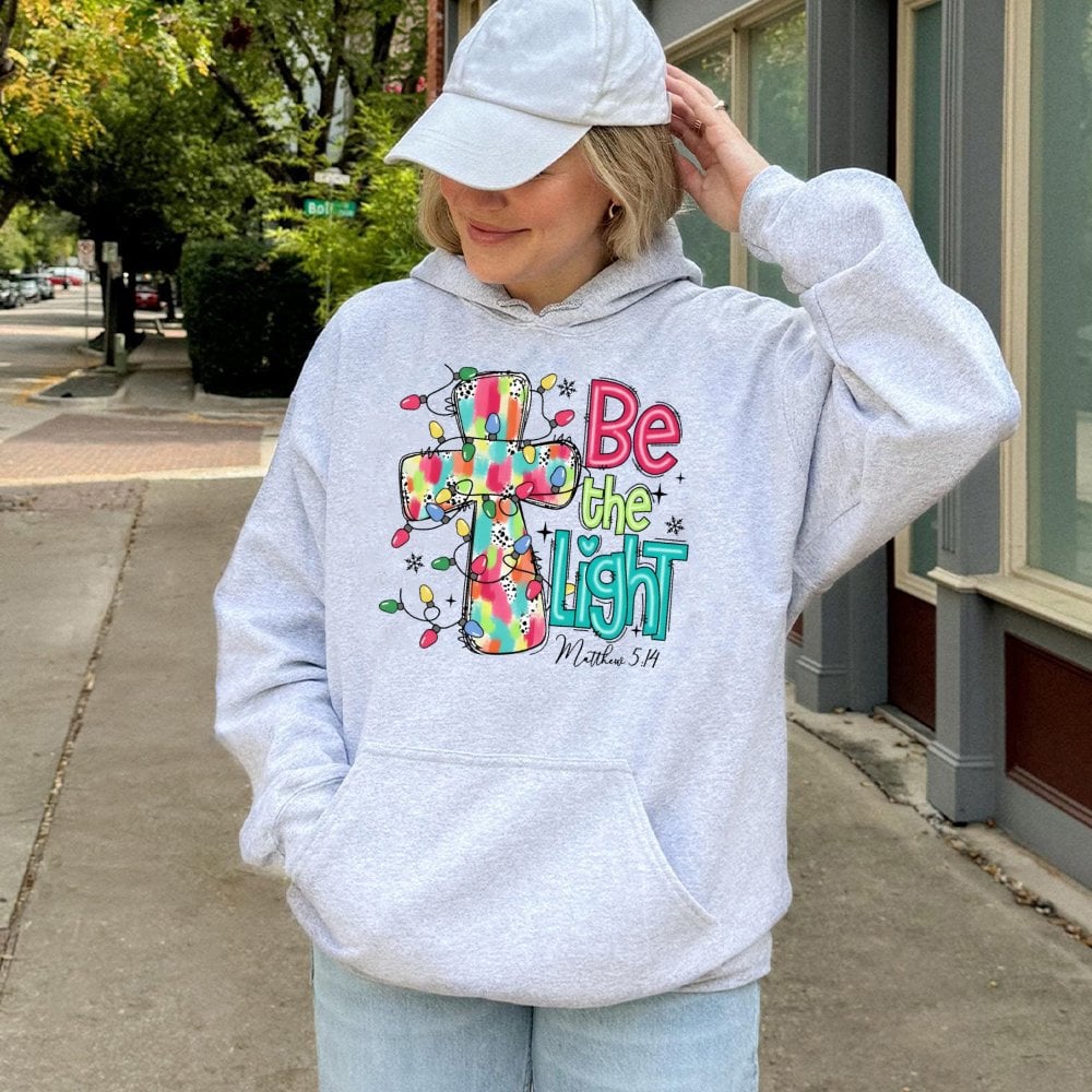 Christian Christmas Cross Sweatshirt, Be the Light Hoodie, Faith Holiday Scripture Pullover, Religious Winter Jesus Hooded Sw