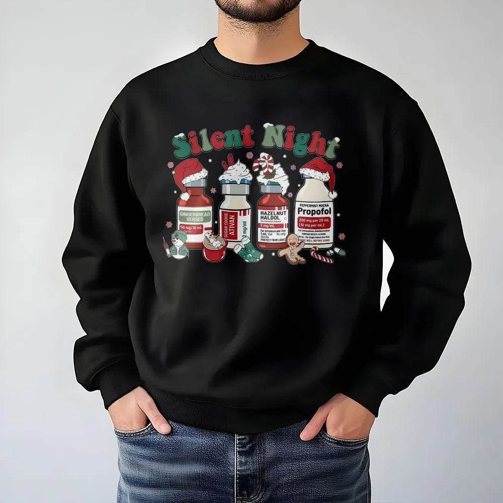 Humorous Healthcare Holiday Crewneck, Silent Night Nurse Christmas Sweatshirt, Medical RN Xmas Graphic Pullover, Hospital Nur