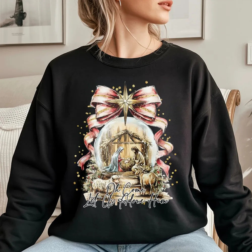 Watercolor Nativity Scene Crewneck, Oh Come Let Us Adore Him Sweatshirt, Christian Holiday Sweater, Religious Christmas Sweat