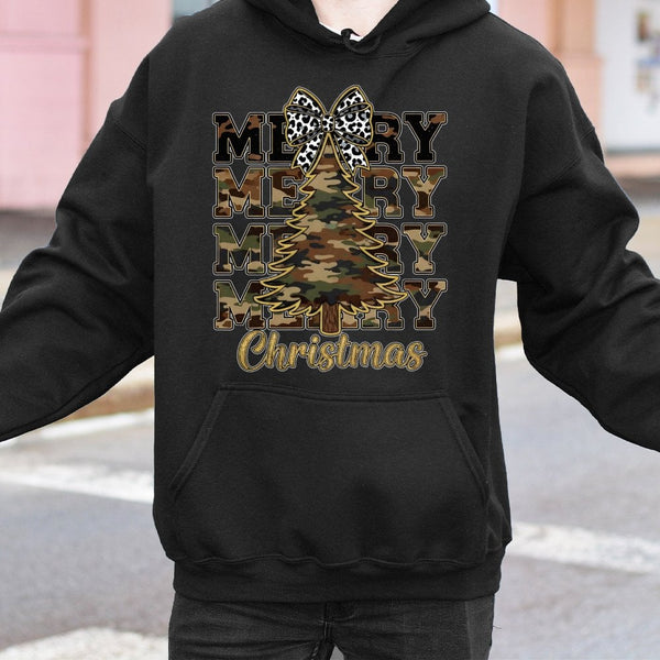 Rustic Leopard Bow Holiday Pullover, Merry Christmas Camo Hoodie, Country Hunting Season Sweatshirt, Adorable Xmas Tree Camou