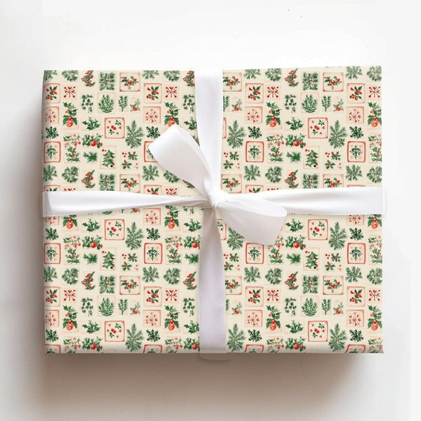 Holly Pine Gift Wrap, Vintage Botanical Christmas Wrapping Paper, Rustic Holiday Tile Wrapping Paper, Traditional Xmas Gift W