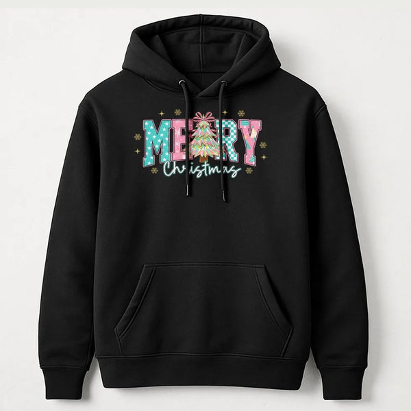Pink Aesthetic Christmas Tree Sweatshirt, Merry Christmas Coquette Hoodie, Preppy Bow Holiday Pullover, Retro Xmas Hooded Swe