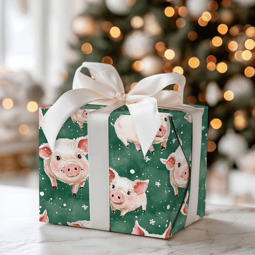 Adorable Watercolor Piglet Gift Wrap, Winter Pig Christmas Wrapping Paper, Dark Green Animal Wrapping Paper, Whimsical Holida