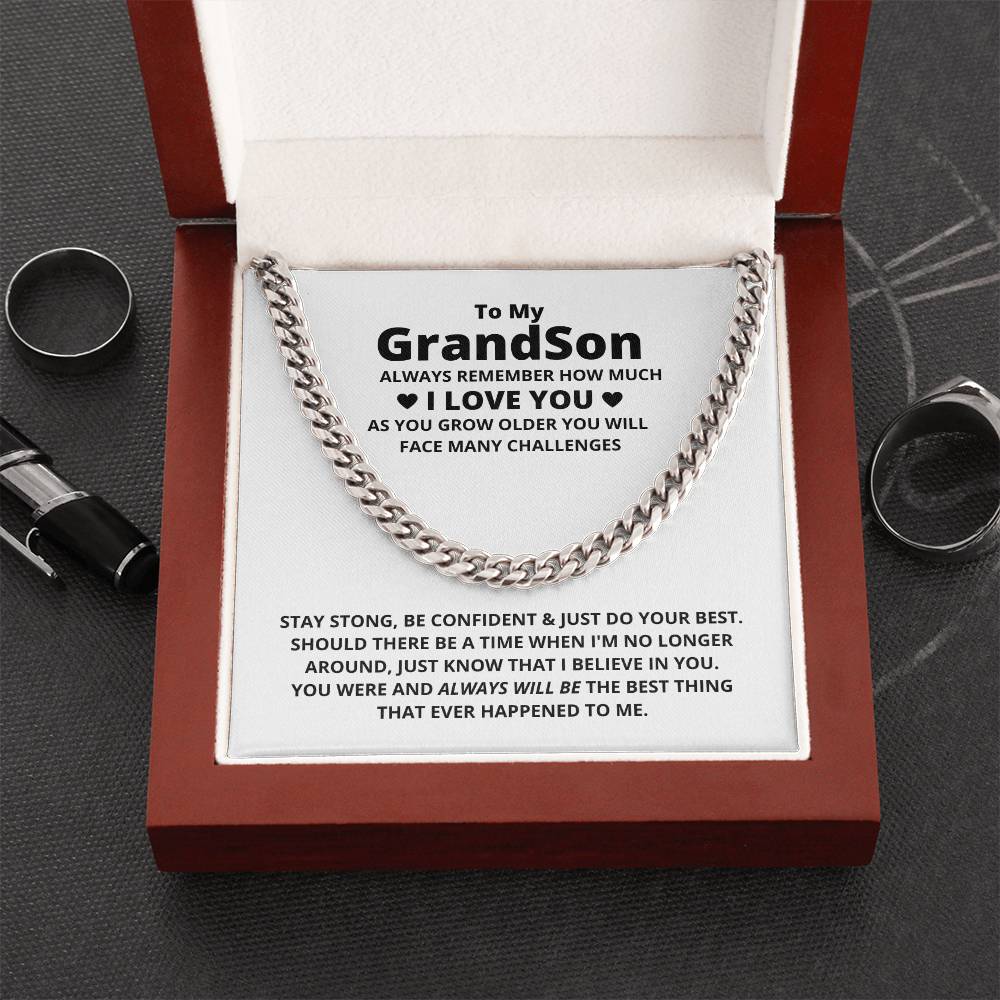 Mens Cuban Link Chain, Grandson Cuban Link Chain Necklace, Steel Cuban Link Necklace, Message Card Jewelry, Birthday Christma