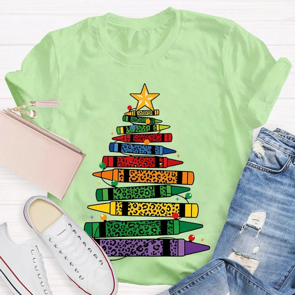 Art Teacher T-Shirt, Colored Pencils Leopard Christmas Tree Shirt, Holiday Graphic Tee, Festive Art Teacher Shirt, Christmas 