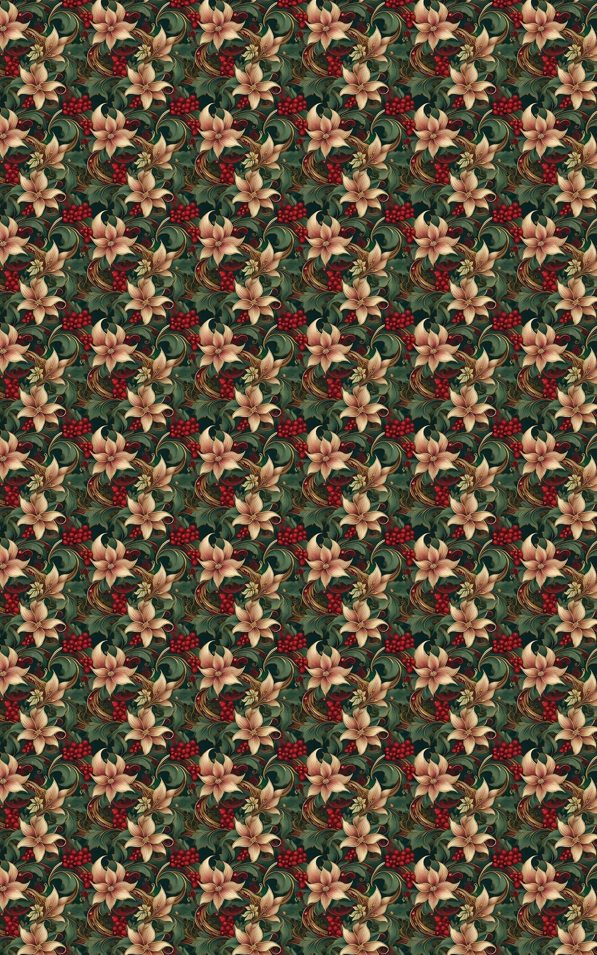 Poinsettia Floral Christmas Gift Wrap, Vintage Holly Wrapping Paper, Botanical Winter Present Wrap, Traditional Holiday Gift 