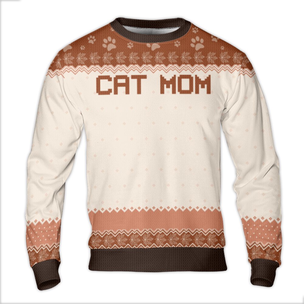 Paw Print Pattern Ugly Sweater, Cat Mom Ugly Christmas Sweater, Humorous Cat Lover Holiday Sweatshirt, Adorable Pet Owner Cre