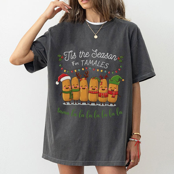 Humorous Mexican Food Christmas T-Shirt, Tis the Season for Tamales Shirt, Retro Xmas Foodie Graphic Tee, Spanish Holiday Tee
