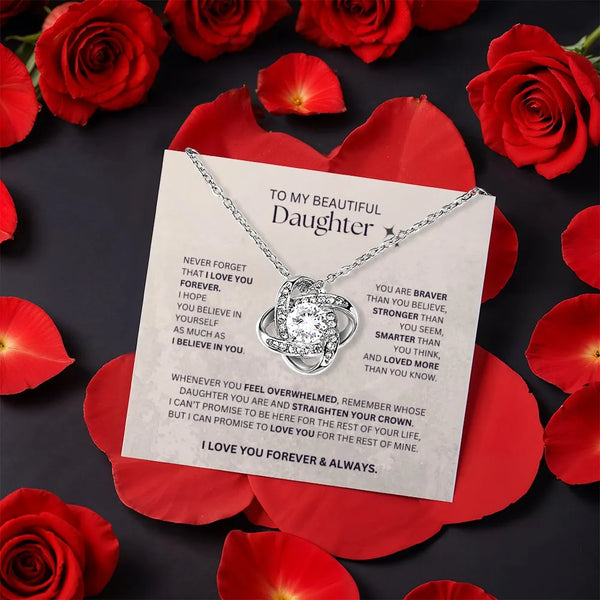 Intertwined Heart Love Knot Necklace, Daughter Love Knot Necklace, Rotating Rose Box Love Knot Pendant, Meaningful Birthday C