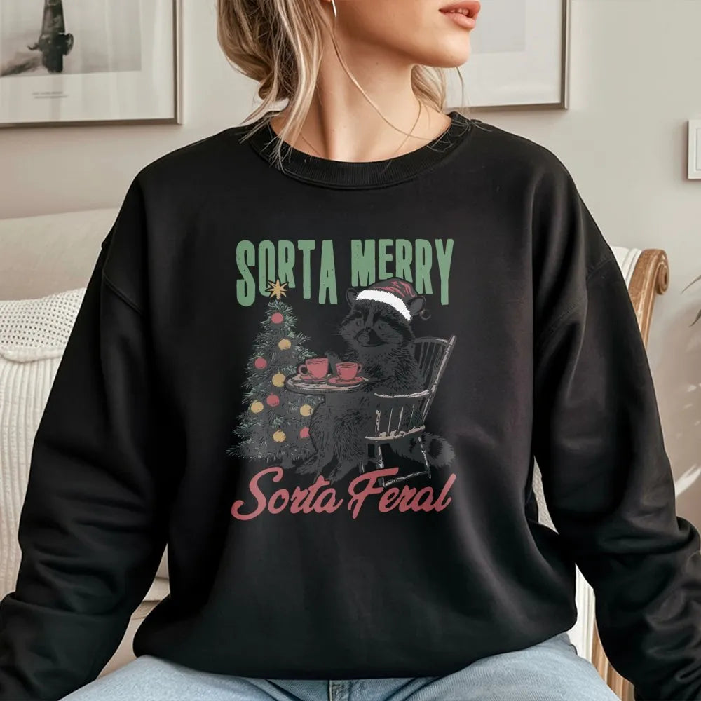 Humorous Christmas Animal Sweatshirt, Sorta Merry Sorta Feral Raccoon Sweatshirt, Sarcastic Holiday Crewneck, Winter Trash Pa