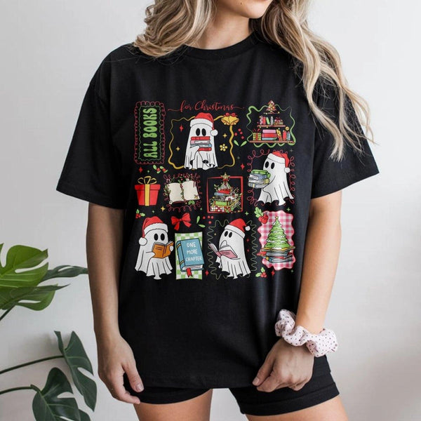 Adorable Reading Ghost Graphic Tee, Book Lover Christmas T-Shirt, Holiday Bookish Shirt, Spooky Reader Tee, Librarian Christm