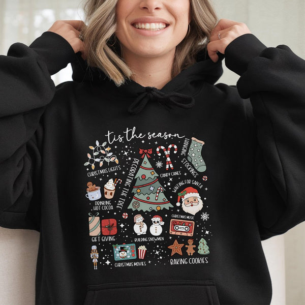 Festive Holiday Doodle Hoodie, Tis the Season Christmas Hoodie, Winter Xmas Hooded Sweatshirt, Retro Holiday Pullover Hoodie,
