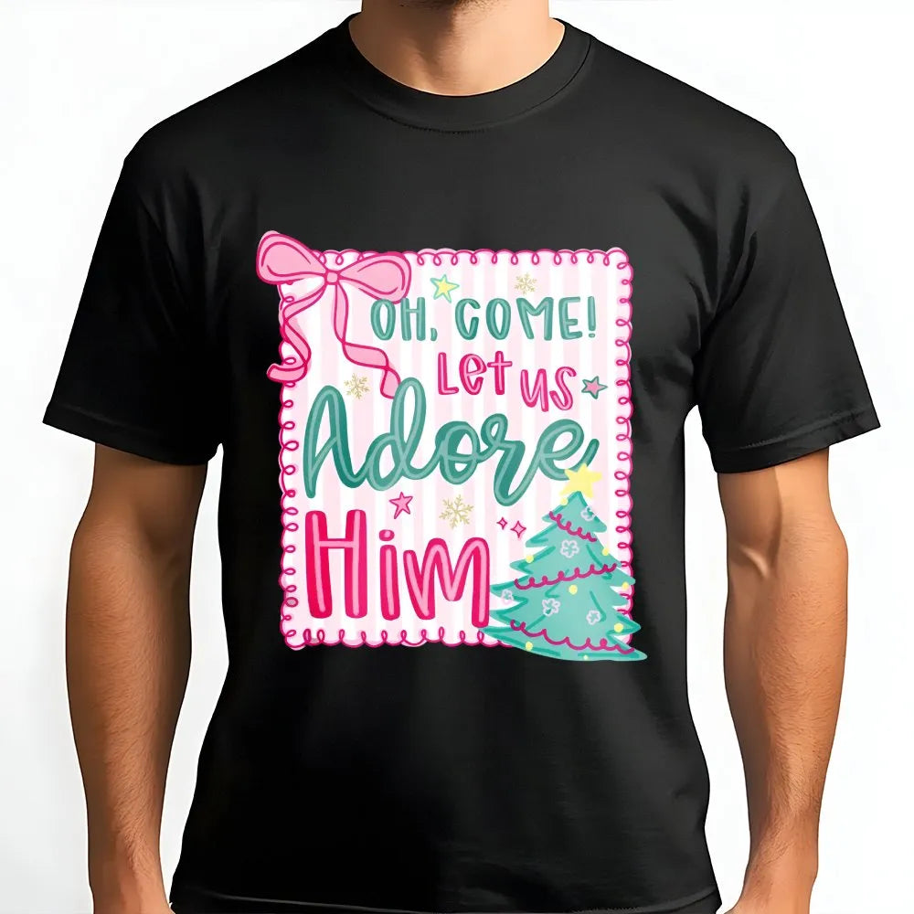 Pink Coquette Christmas Tree Tee, Oh Come Let Us Adore Him T-Shirt, Christian Holiday Graphic Shirt, Faith Aesthetic Scriptur