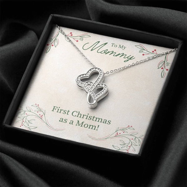 Double Heart Pendant, First Christmas as a Mom Necklace, Interlocking Heart Necklace, 14K White Gold Jewelry, Meaningful New 