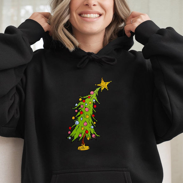 Humorous Whimsical Holiday Hoodie, Crooked Christmas Tree Hoodie, Adorable Xmas Tree Graphic Pullover, Winter Holiday Hoodie,