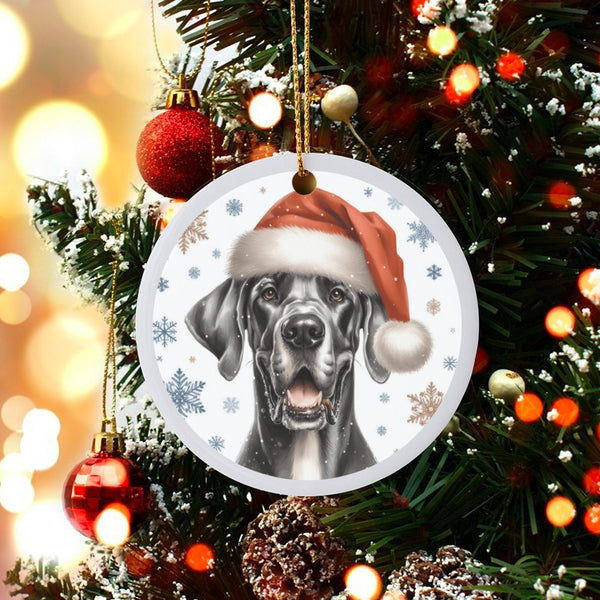 Santa Hat Dog Ceramic Ornament, Black Great Dane Christmas Ornament, Adorable Pet Holiday Tree Ornament, Keepsake Present for