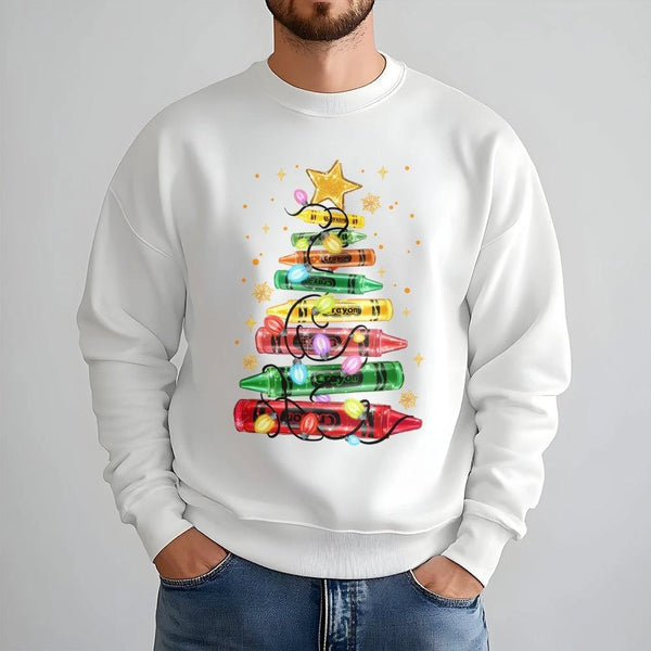 Art Teacher Holiday Crewneck, Christmas Crayon Tree Sweatshirt, Adorable School Staff Christmas Sweater, Festive Teacher Pull
