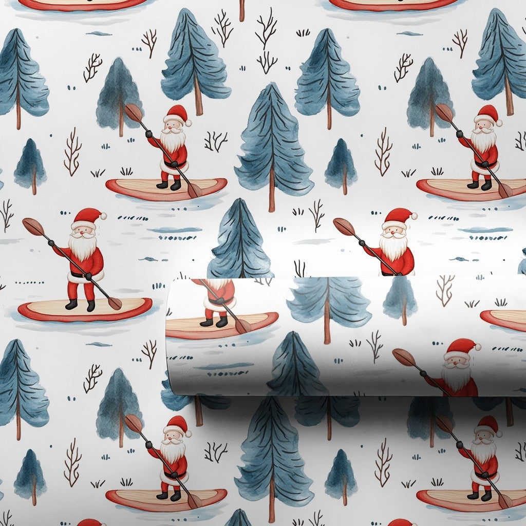 Winter Forest Holiday Gift Wrap, Paddleboarding Santa Wrapping Paper, Outdoor Santa Claus Paper, Christmas Present Wrapping P
