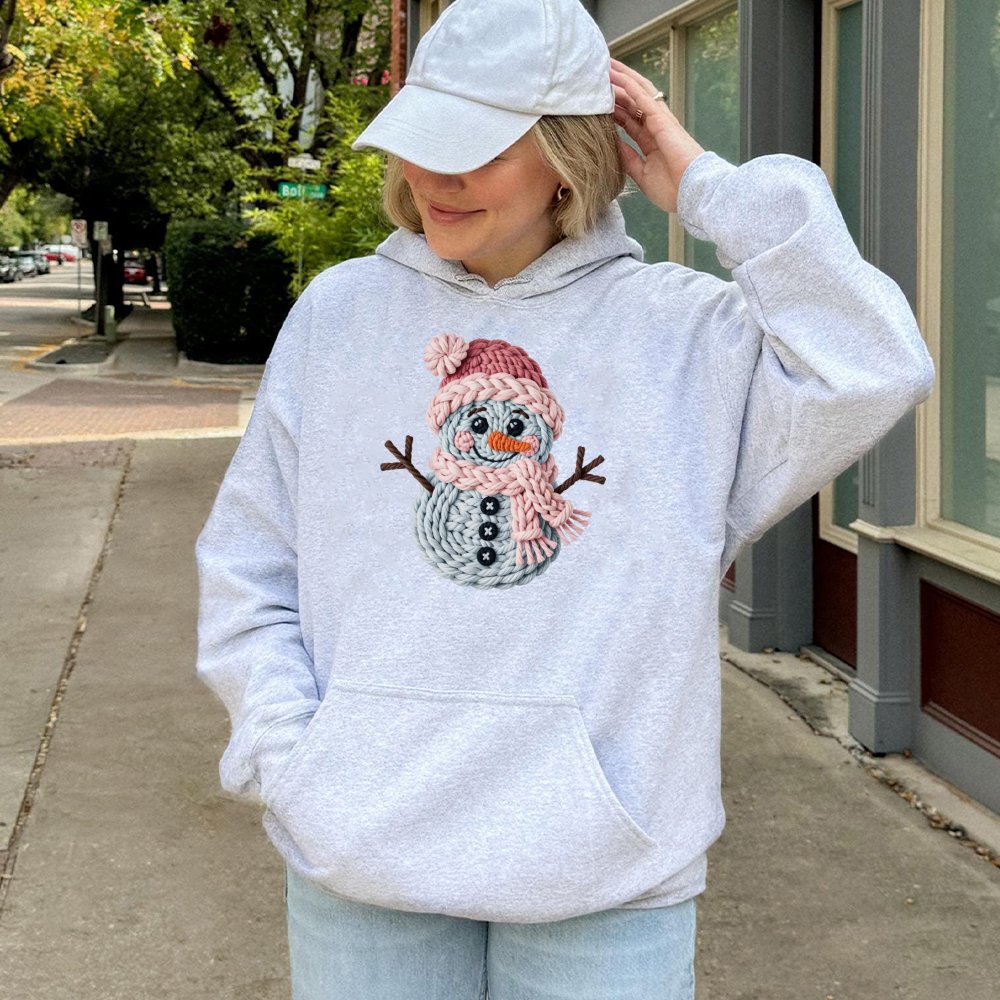 Knitted Yarn Snowman Sweatshirt, Adorable Snowman Hoodie, Winter Holiday Snowman Pullover, Comfy Christmas Hooded Sweatshirt,