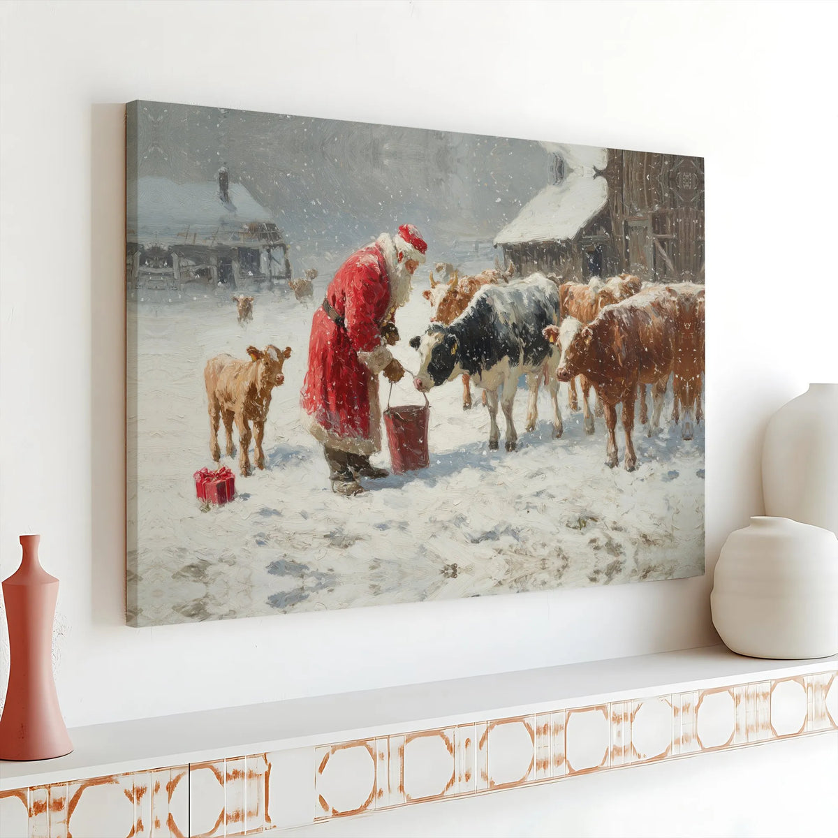 Snowy Farm Christmas Canvas Wall Art, Santa Feeding Cows Canvas Print, Rustic Farmhouse Winter Canvas Decor, Holiday Cattle C