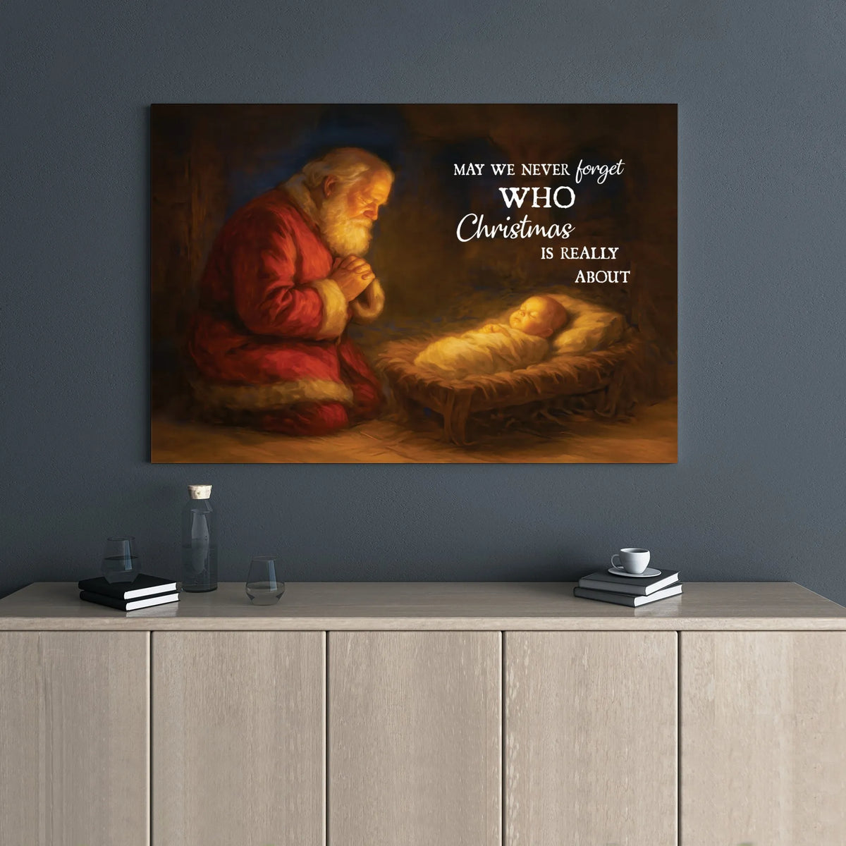 Religious Christmas Wall Art, Santa Kneeling at Manger Canvas, Nativity Scene Canvas Print, Christian Holiday Wall Decor