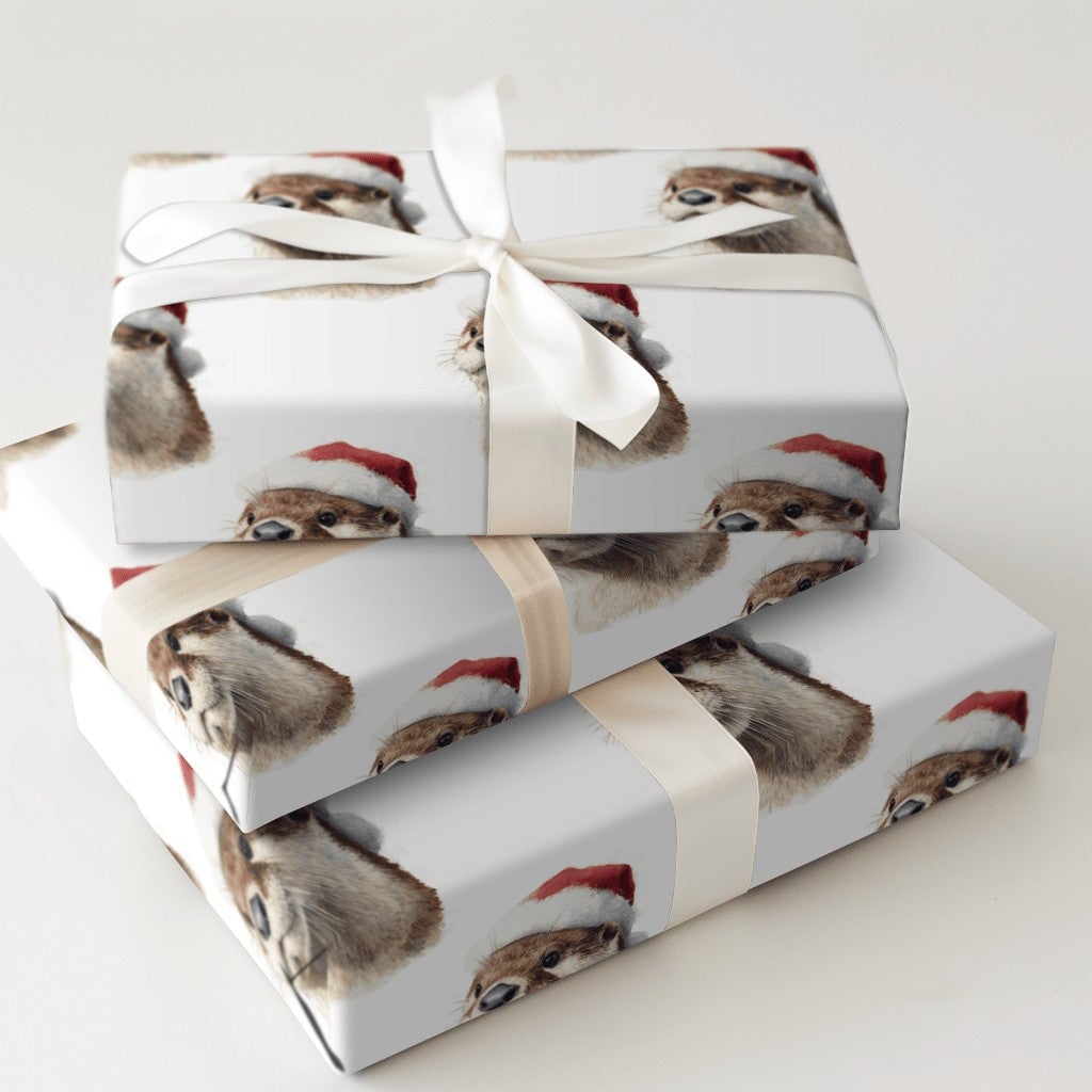 Adorable Otter Holiday Wrapping Paper, Santa Hat Otter Christmas Wrapping Paper, Humorous Animal Winter Wrapping Paper, Festi
