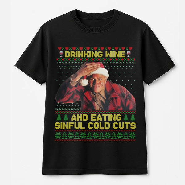 Humorous True Crime Christmas T-Shirt, Drinking Wine Eating Sinful Cold Cuts T-Shirt, Retro Horror Fan Holiday T-Shirt, Xmas 