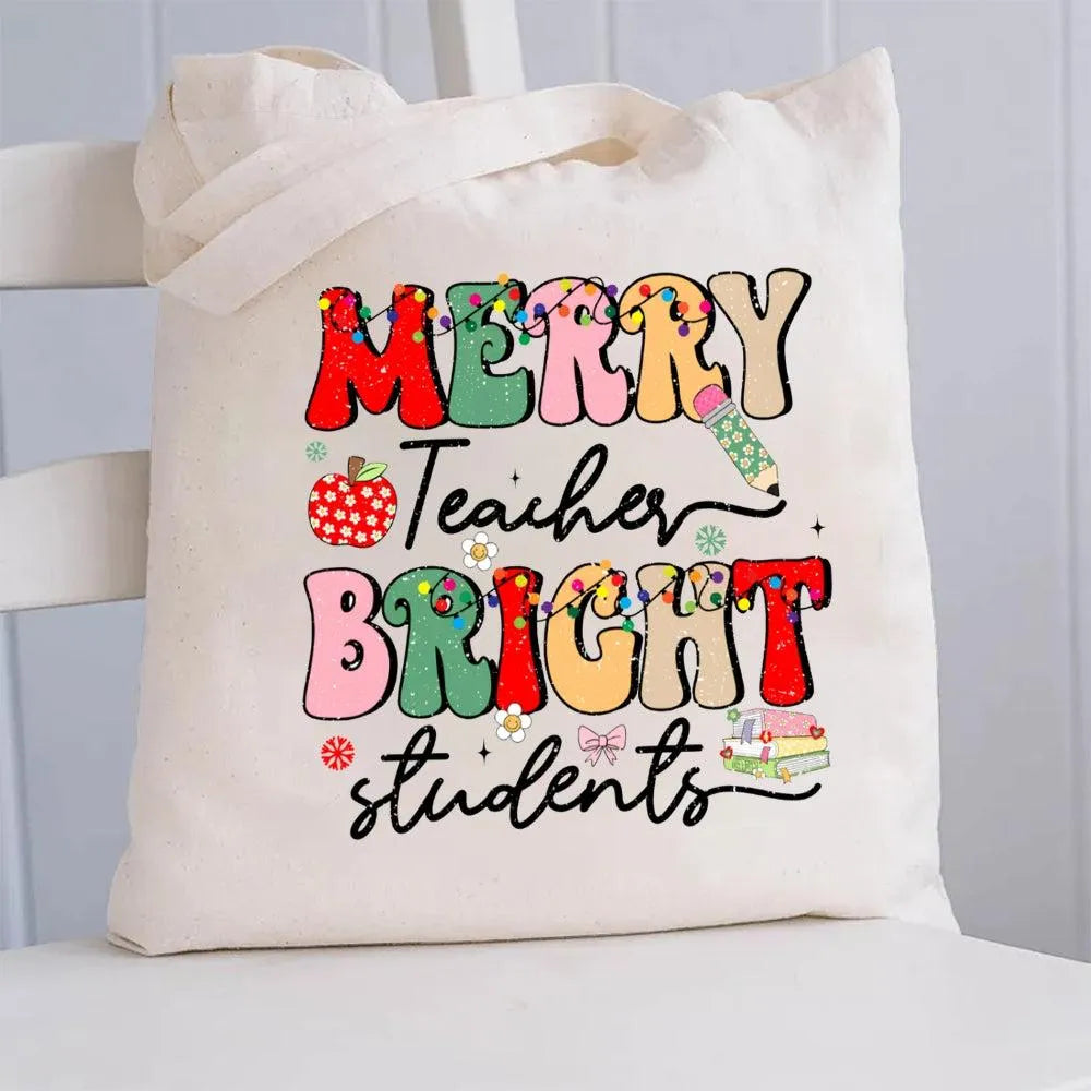 Holiday Teacher Tote Bag, Merry Teacher Bright Students Christmas Canvas Tote Bag, Festive School Book Bag, Xmas Present Tote