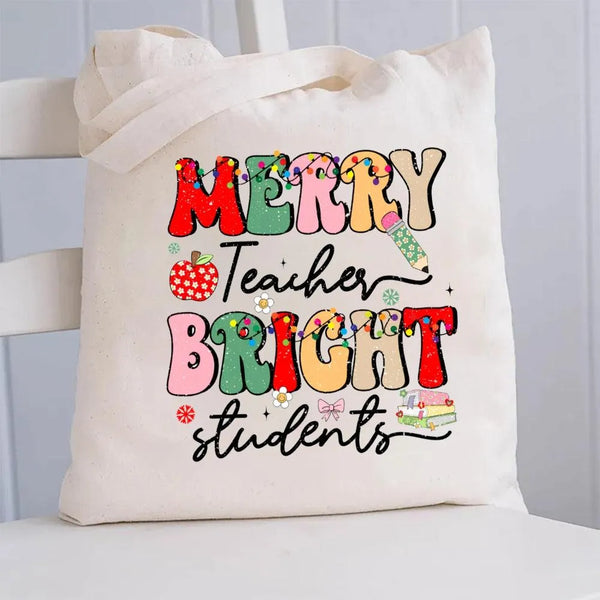 Holiday Teacher Tote Bag, Merry Teacher Bright Students Christmas Canvas Tote Bag, Festive School Book Bag, Xmas Present Tote