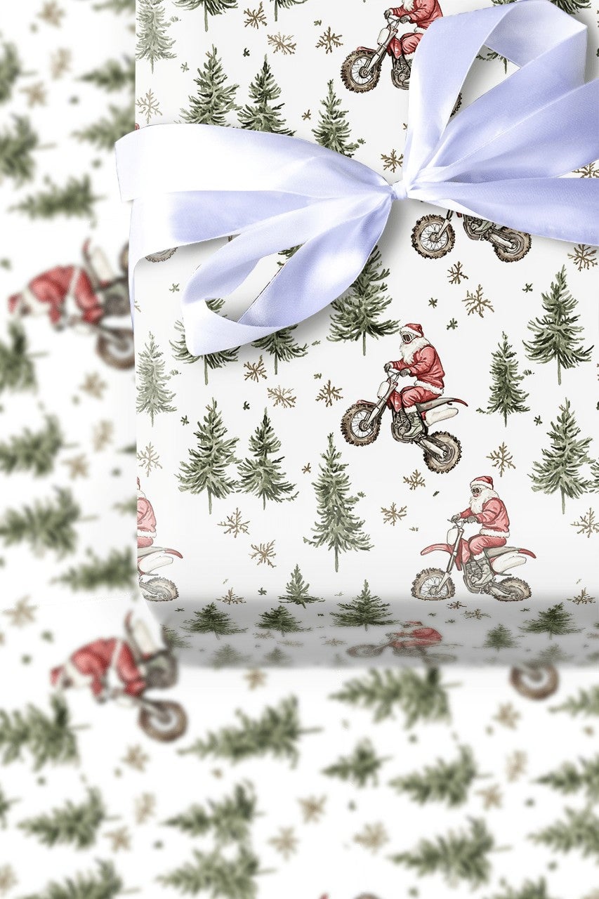 Dirt Bike Santa Gift Wrap, Motocross Santa Wrapping Paper, Motorcycle Christmas Wrapping Paper, Biker Holiday Gift Wrap, Moto