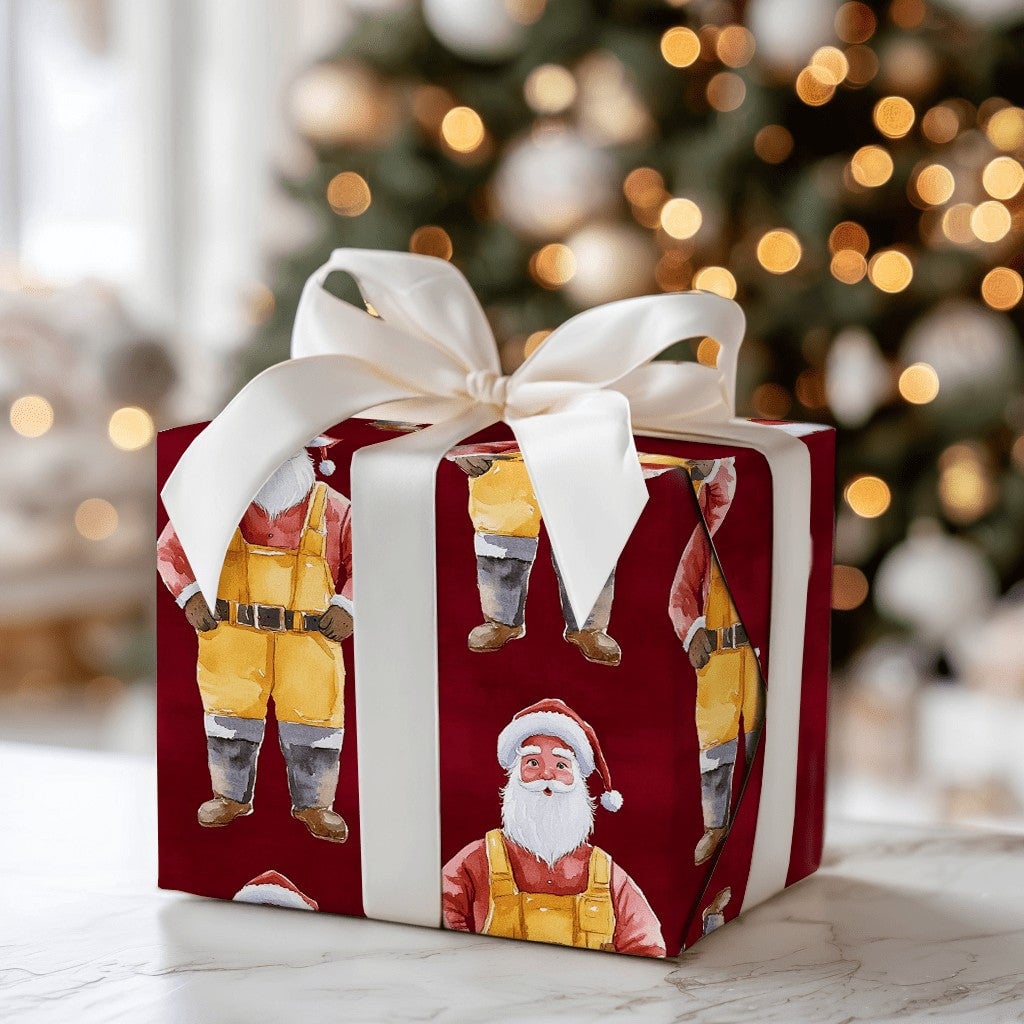 Whimsical Santa Claus Gift Wrap, Yellow Overalls Santa Wrapping Paper, Red Background Christmas Wrapping Paper, Holiday Prese
