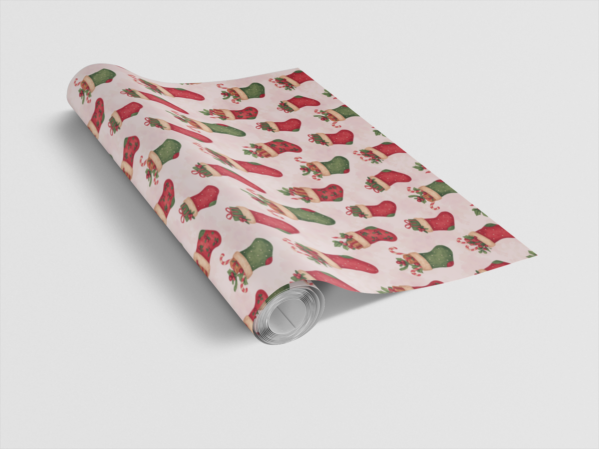 Candy Cane Holly Gift Wrap, Merry Mantle Christmas Stocking Wrapping Paper, Festive Red Green Holiday Gift Wrapping Paper, Xm